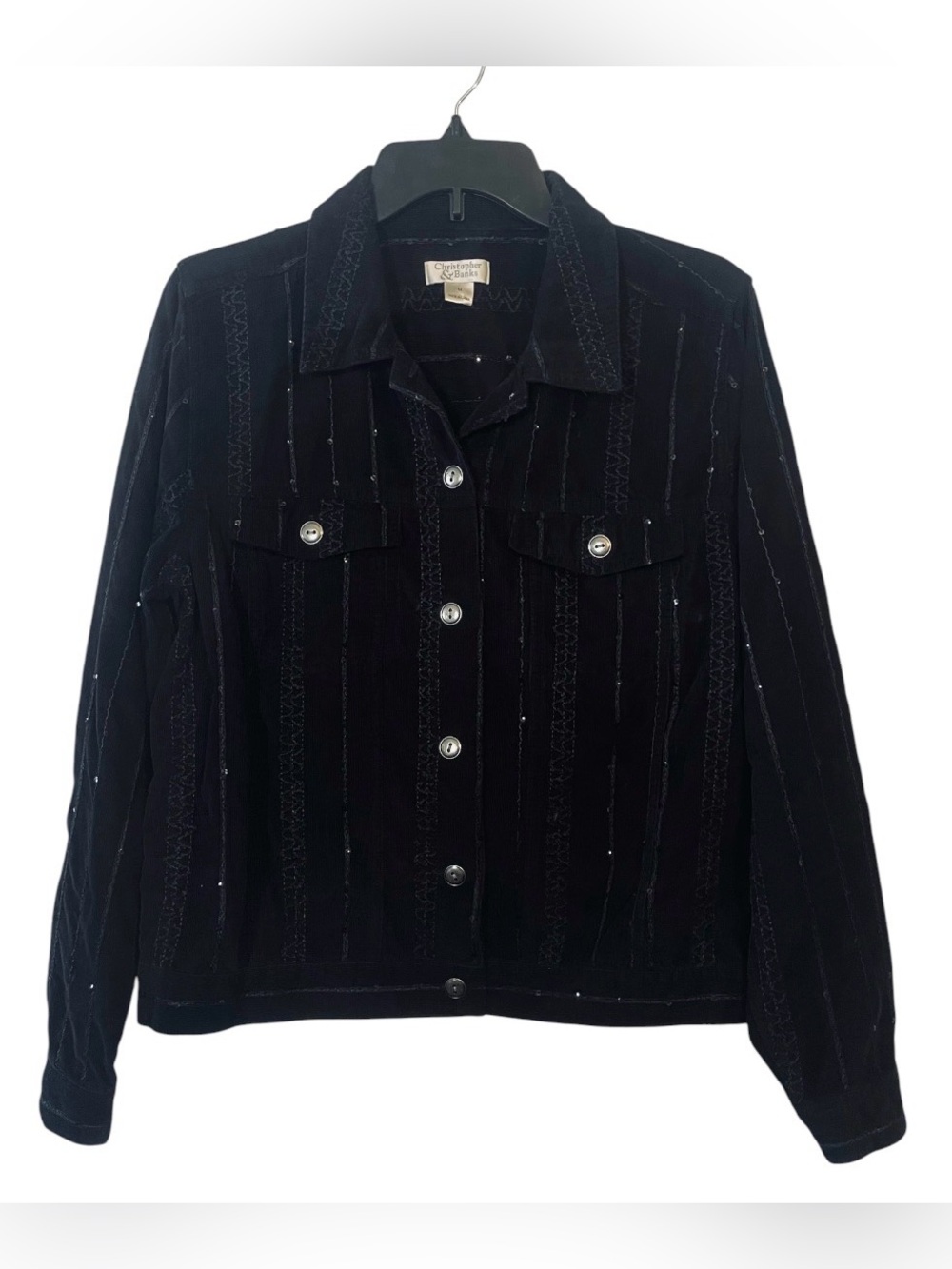 Christopher & Banks Soft Corduroy Black Sequin Embroidered Jacket Size M Cotton